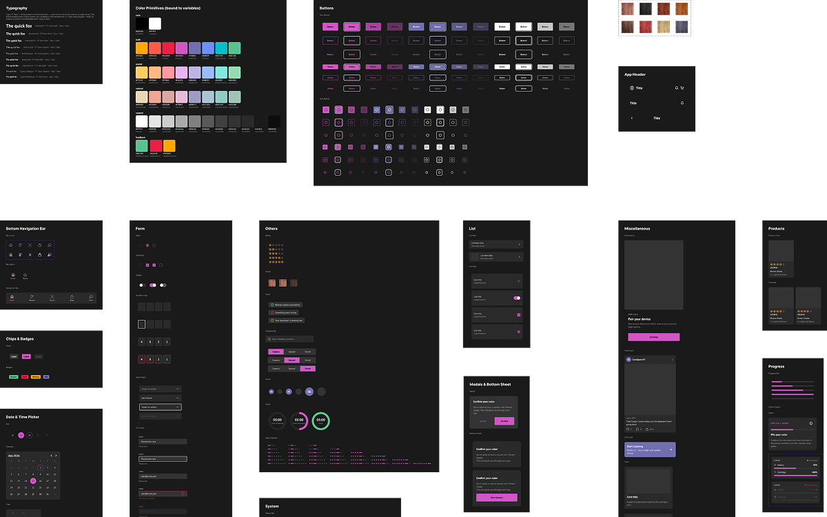 The design system sheet on a dark canvas — the type ramp, colour primitives bound to variables across bold, pastel, natural, neutral and feedback scales, and the component library: buttons, icon buttons, forms, pickers, lists, chips, modals and bottom sheets, navigation, product and progress cards