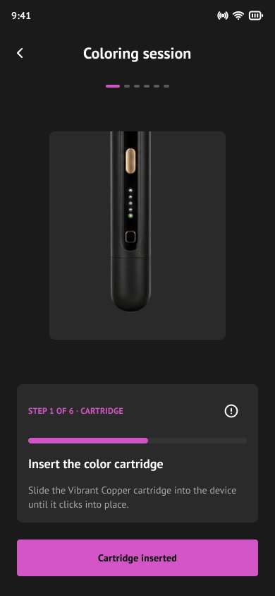 Guided session — insert the cartridge until it clicks, with the step indicator above