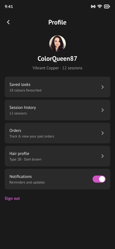 Profile — saved looks, session history, orders, hair profile and notification settings