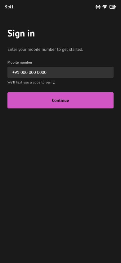 Sign in — mobile-number entry, with a code to verify