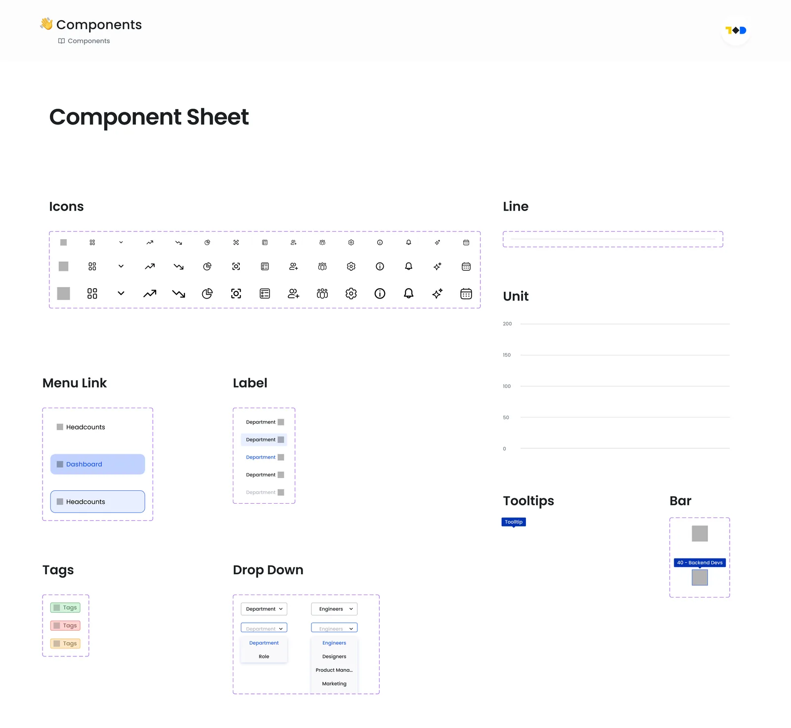 Component sheet — icons, menu links, labels, tags, dropdowns, tooltips, chart bars and axis units