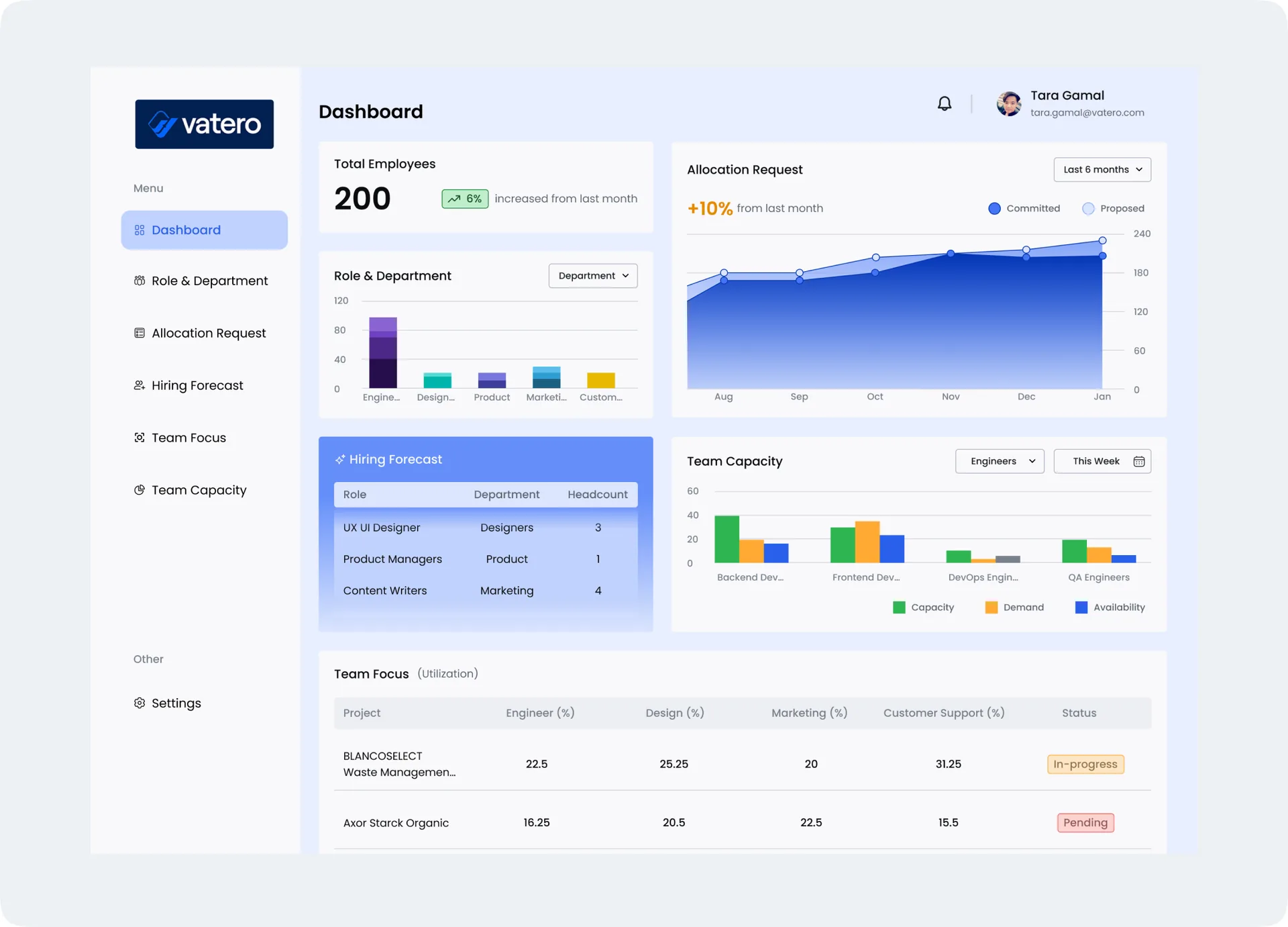 The finished team allocation dashboard — sidebar navigation with six data widgets across the main panel
