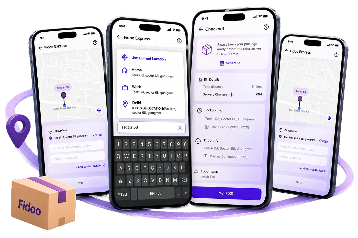Four Fidoo Express screens showing pickup location on a map, address search, checkout and bill details.