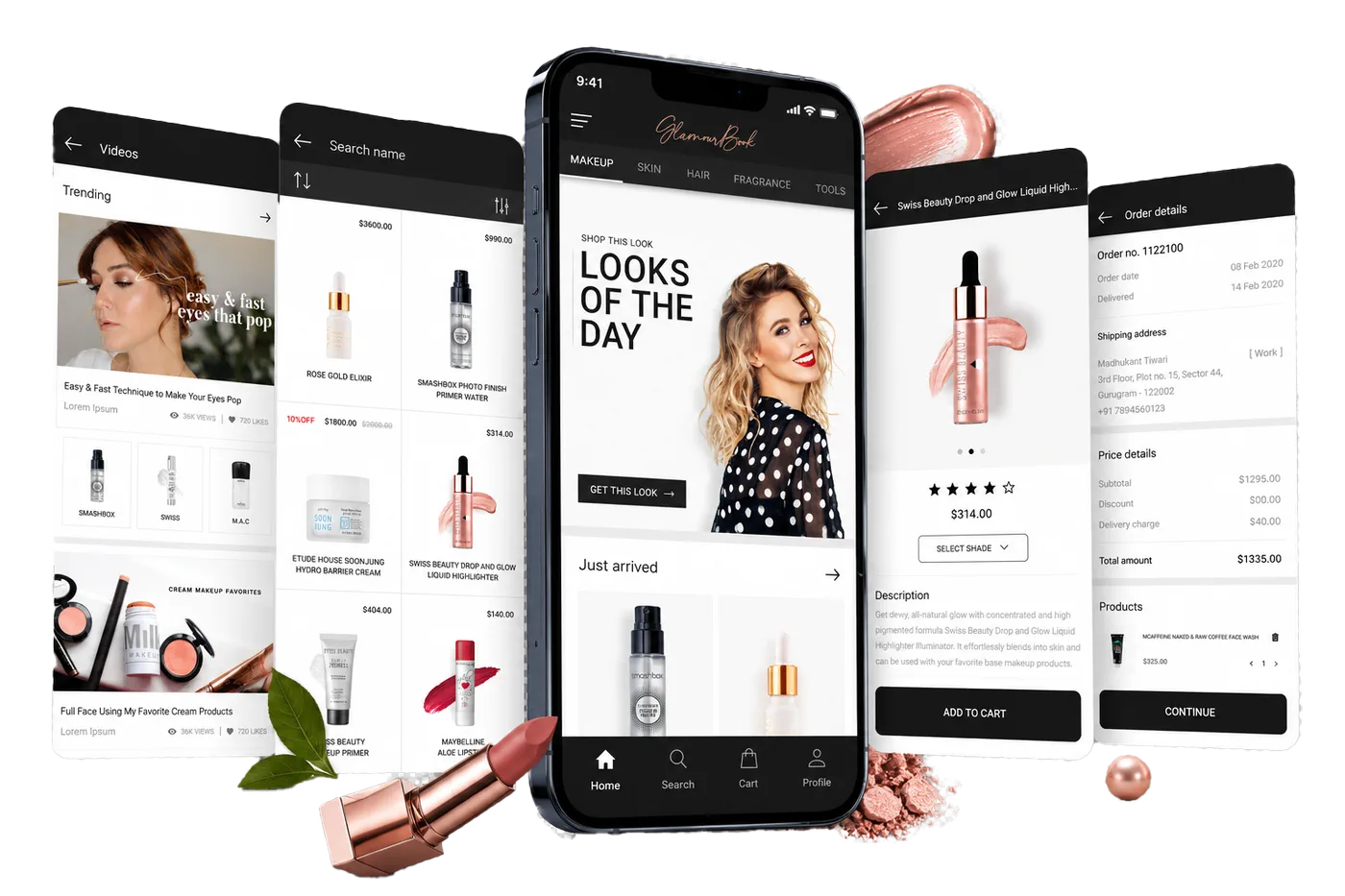 Five GlammBook screens covering a video feed, product search, the home look-of-the-day, a product page and order details.