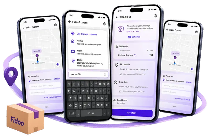 Four Fidoo Express screens showing pickup location on a map, address search, checkout and bill details.