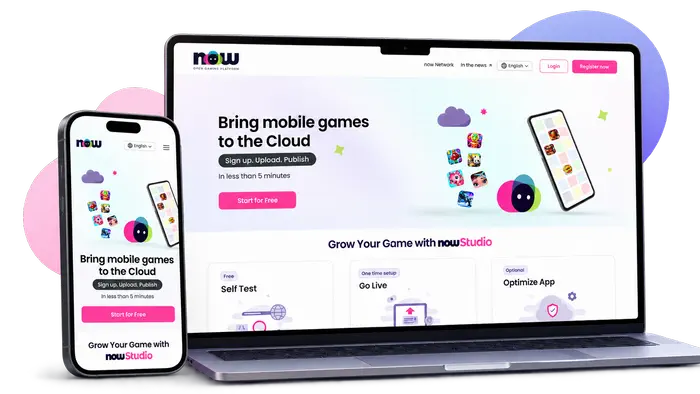 The Now Studio developer platform landing page shown on a laptop beside its mobile layout.