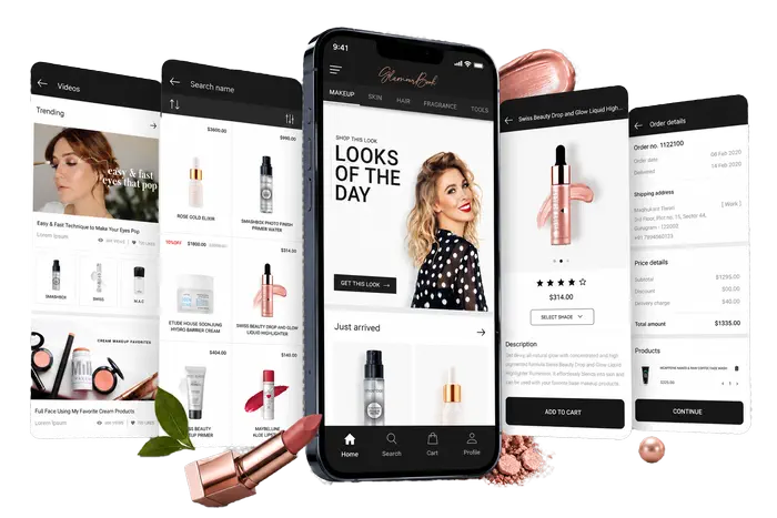 Five GlammBook screens covering a video feed, product search, the home look-of-the-day, a product page and order details.