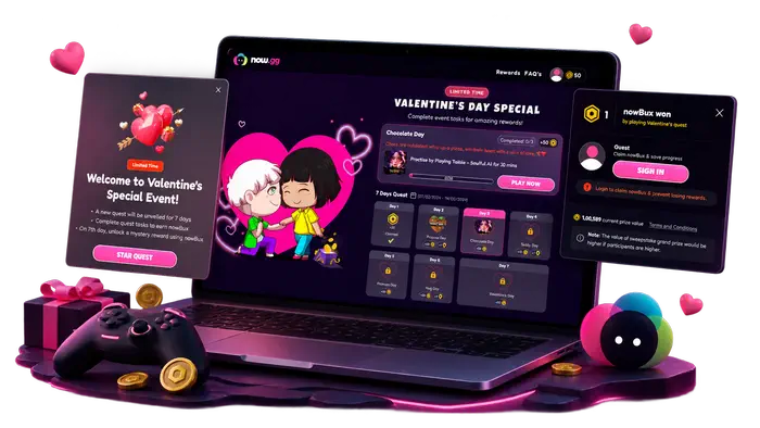 nowBux Valentine's Day event dashboard on a laptop, with a welcome modal and a rewards panel floating either side.